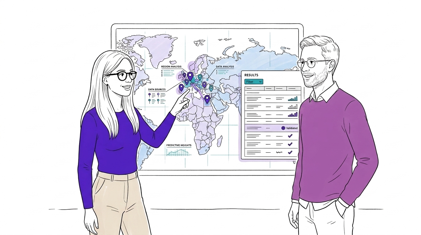 Illustration: Geodatenanalyse mit Weltkarte, Datenquellen und validierten Ergebnissen
